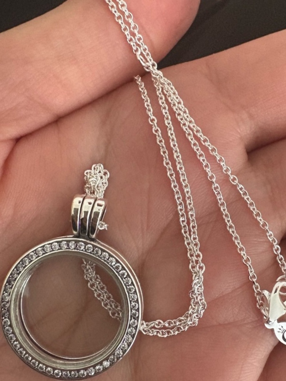 Silver Crystal-Trim Round Locket Necklace